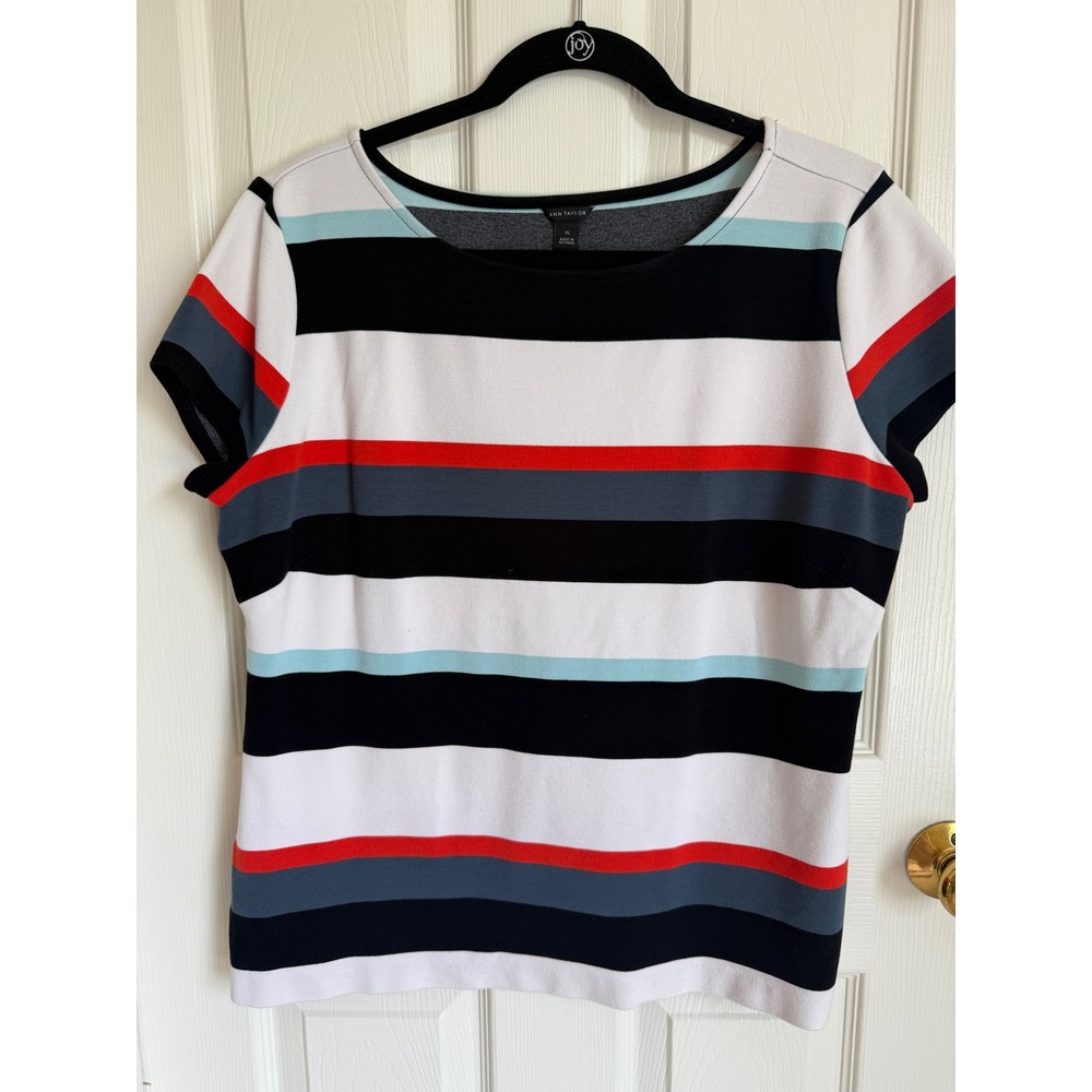 Ann Taylor Womens XL Striped Boat Neck Short Sleeve Knit Top Black White Red